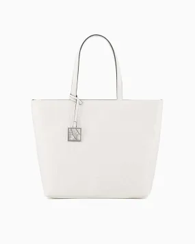 Shopping bag bianca in similpelle effetto opaco con scritte logo all over a rilievo